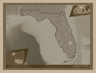 Florida, United States of America. Sepia. Labelled points of cities