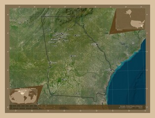 Georgia, United States of America. Low-res satellite. Labelled points of cities