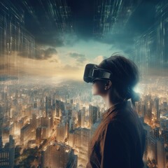 Young woman wearing virtual reality device over cityscape background.  Woman is using virtual reality headset. Concept of virtual reality, simulation, gaming and future technology. Generative Ai.