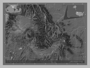Idaho, United States of America. Grayscale. Labelled points of cities
