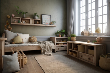 Farmhouse inspired children's room with mockup frame and wooden furniture, Generative AI	
