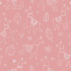 Seamless pattern with cute llamas in doodle style. Lovely vector illustration, background design, suitable for textiles, wrapping paper, packaging for kids and adults.