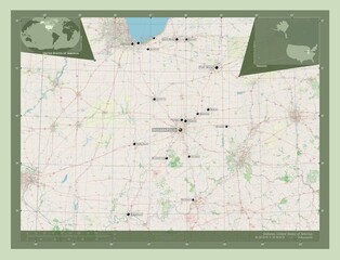 Indiana, United States of America. OSM. Labelled points of cities