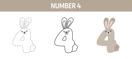 Number 4 tracing and coloring worksheet for kids