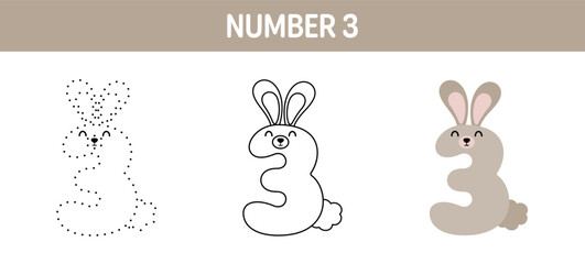 Number 3 tracing and coloring worksheet for kids