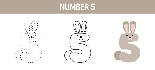 Number 5 tracing and coloring worksheet for kids