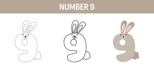 Number 9 tracing and coloring worksheet for kids