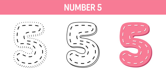 Number 5 tracing and coloring worksheet for kids