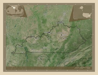 Kentucky, United States of America. High-res satellite. Labelled points of cities