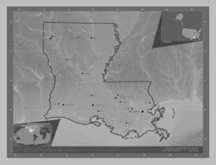 Foto op Plexiglas Louisiana, United States of America. Grayscale. Labelled points of cities © Yarr65