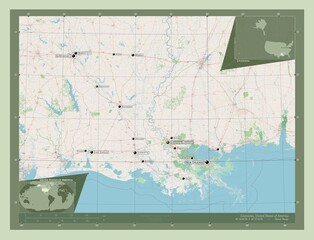 Louisiana, United States of America. OSM. Labelled points of cities
