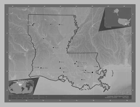 Louisiana, United States of America. Grayscale. Labelled points of cities