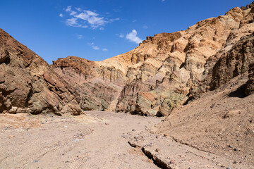 Golden Canyon trailhead with scenic view of colorful geology of multi hued Amargosa Chaos rock formations, Death Valley National Park, Furnace Creek, California, USA. Barren Artist Palette landscape