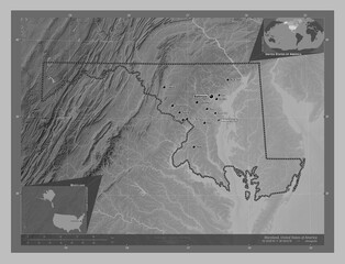 Maryland, United States of America. Grayscale. Labelled points of cities