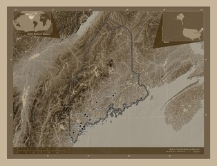 Maine, United States of America. Sepia. Labelled points of cities