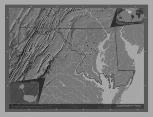 Maryland, United States of America. Bilevel. Labelled points of cities