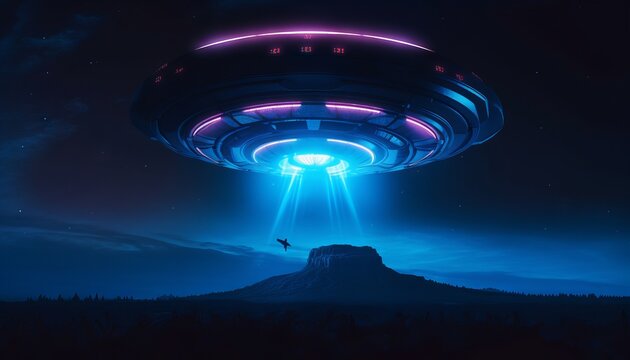 image of an illuminated UFO spaceship emerging from a portal in the sky, as a blue light envelops the surrounding area. Generative ai © Nob
