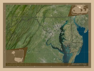 Maryland, United States of America. Low-res satellite. Labelled points of cities