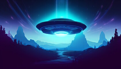 image of an illuminated UFO spaceship emerging from a portal in the sky, as a blue light envelops the surrounding area. Generative ai