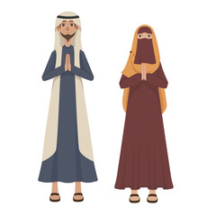 Arab headscarves and keffiyehs, men's head coverings. Muslim men and women in traditional and modern clothing. Portrait of a happy Arab man. Flat vector illustration isolated on white background.