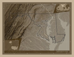 Maryland, United States of America. Sepia. Labelled points of cities