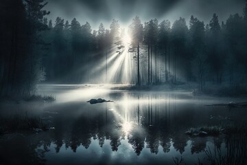 Mystic forest with warm sun rays in the morning light with reflection in the lake. Generative AI