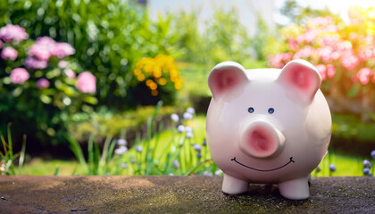 A piggy bank in the garden. The image represents sustainability and money saving or inflation....