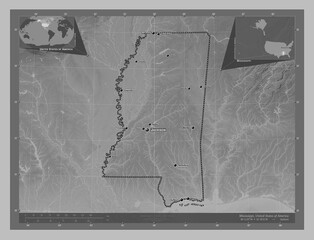 Mississippi, United States of America. Grayscale. Labelled points of cities