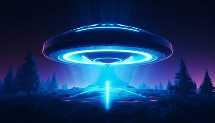 image of an illuminated UFO spaceship emerging from a portal in the sky, as a blue light envelops the surrounding area. Generative ai