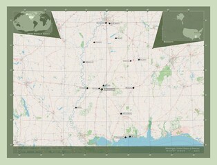 Mississippi, United States of America. OSM. Labelled points of cities