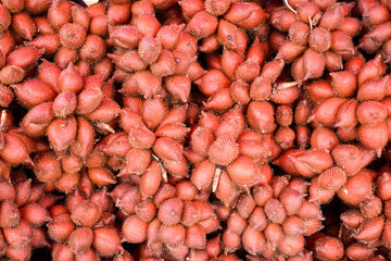 Close-up red salacca wallichiana fruit group for sale in a market. Top view.