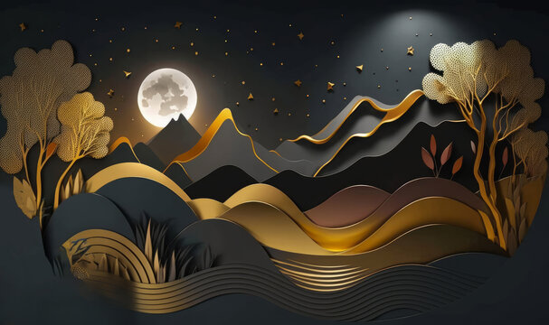 Golden tree and mountains, golden moon. dark landscape background and clouds and colorful mountains in interior design with a coffee table and an armchair. generative ai 