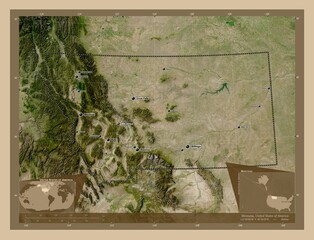 Montana, United States of America. Low-res satellite. Labelled points of cities