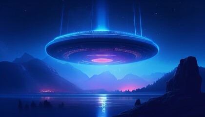 image of an illuminated UFO spaceship emerging from a portal in the sky, as a blue light envelops the surrounding area. Generative ai
