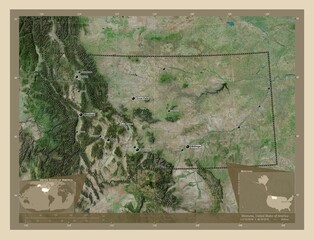 Montana, United States of America. High-res satellite. Labelled points of cities