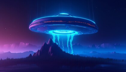 Naklejka na ściany i meble image of an illuminated UFO spaceship emerging from a portal in the sky, as a blue light envelops the surrounding area. Generative ai