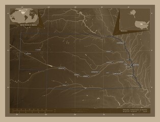 Nebraska, United States of America. Sepia. Labelled points of cities