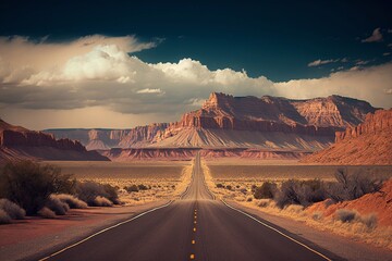 Highway in the desert. Red mountains and beautiful cloudy sky. AI generated