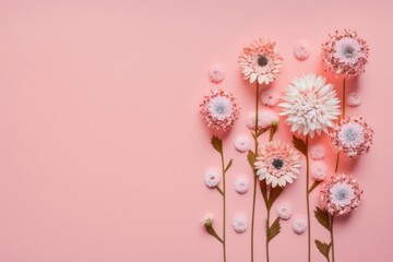 Spring flowers on pink background top view in flat lay style. Greeting for Womens or Mothers Day or Spring Sale Banner. Generative Ai