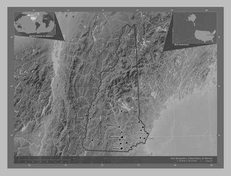 New Hampshire, United States of America. Grayscale. Labelled points of cities
