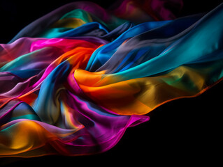 Fototapeta na wymiar Illustration of colorful silk fabric on black background, AI Generated image.