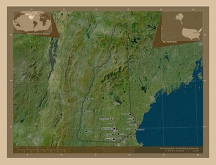 New Hampshire, United States of America. Low-res satellite. Labelled points of cities