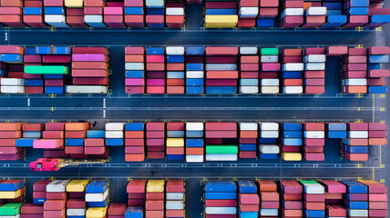 Obraz premium stacked freight shipping containers, cargo port, cargo terminal, shipping terminal, aerial view - Generative AI