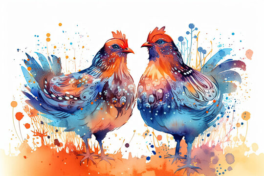 Whimsical watercolor chickens with playful patterns and sweet charm, playful atmosphere, enchanting mood - Generative Ai