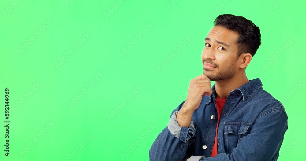 Aufkleber thinking, face and man with idea in green screen studio unsure, deciding and problem solving on mock
