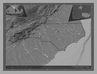 North Carolina, United States of America. Bilevel. Labelled points of cities