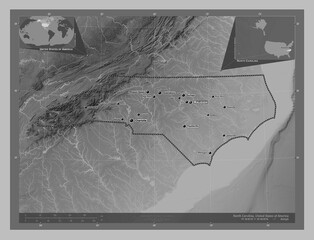 North Carolina, United States of America. Grayscale. Labelled points of cities
