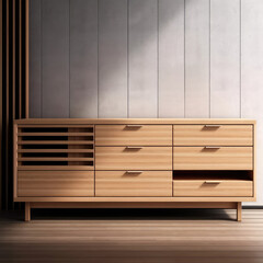 Wooden chest of drawers in modern interior. 3d render