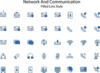 The network and communication icon set features a comprehensive collection of icons related to various aspects of networking, communication, and information technology