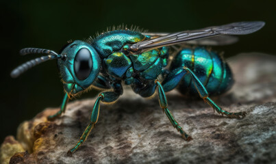 macro photo of Cuckoo Wasp in its natural habitat outdoors. close up photography. Generative AI